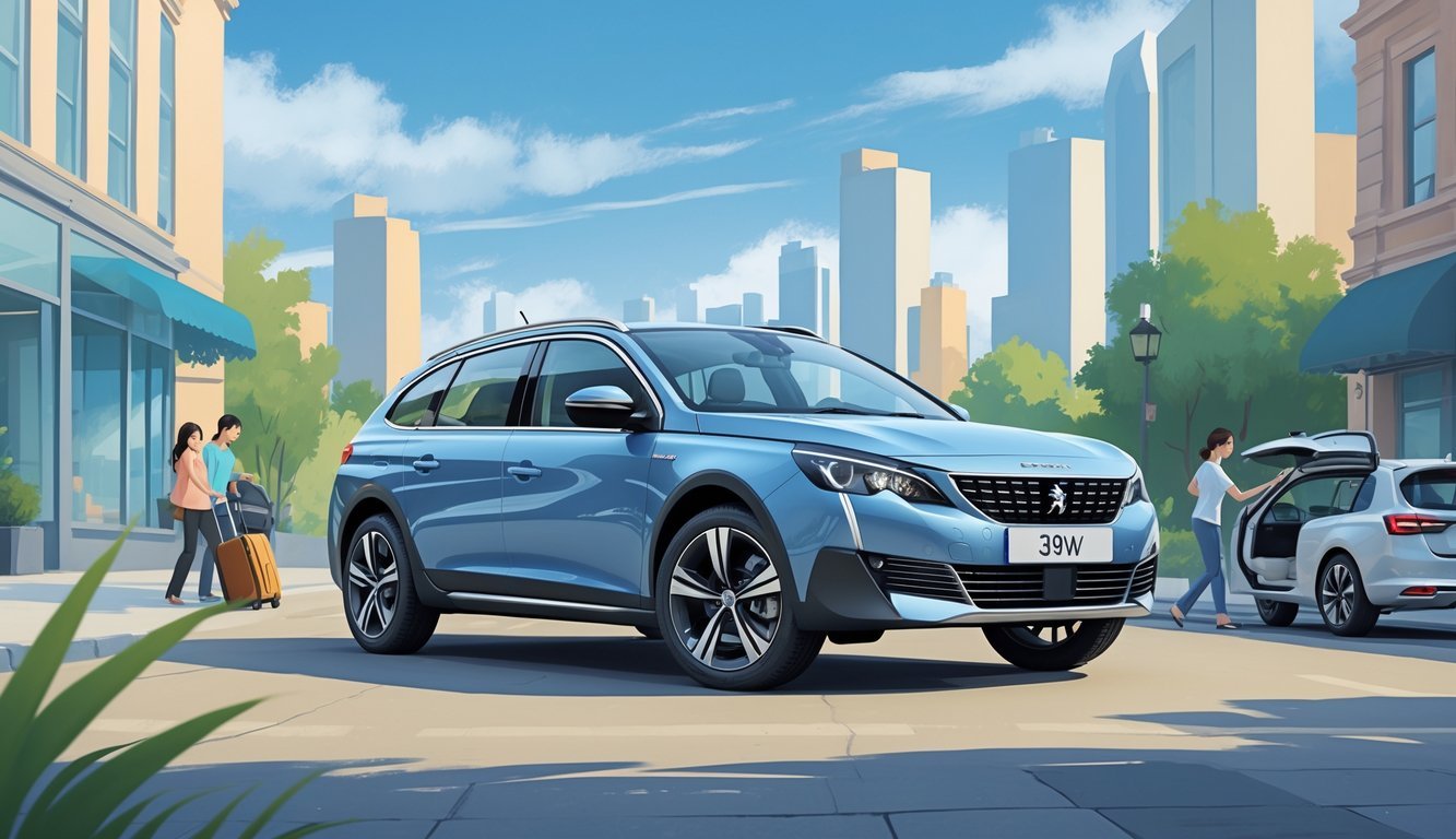 Peugeot 308 SW parkiran na gradskoj ulici s obitelji koja stavlja prtljagu u prtljažnik.