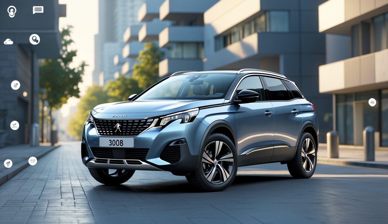 Peugeot 3008 parkiran na gradskoj ulici ispred modernih zgrada.