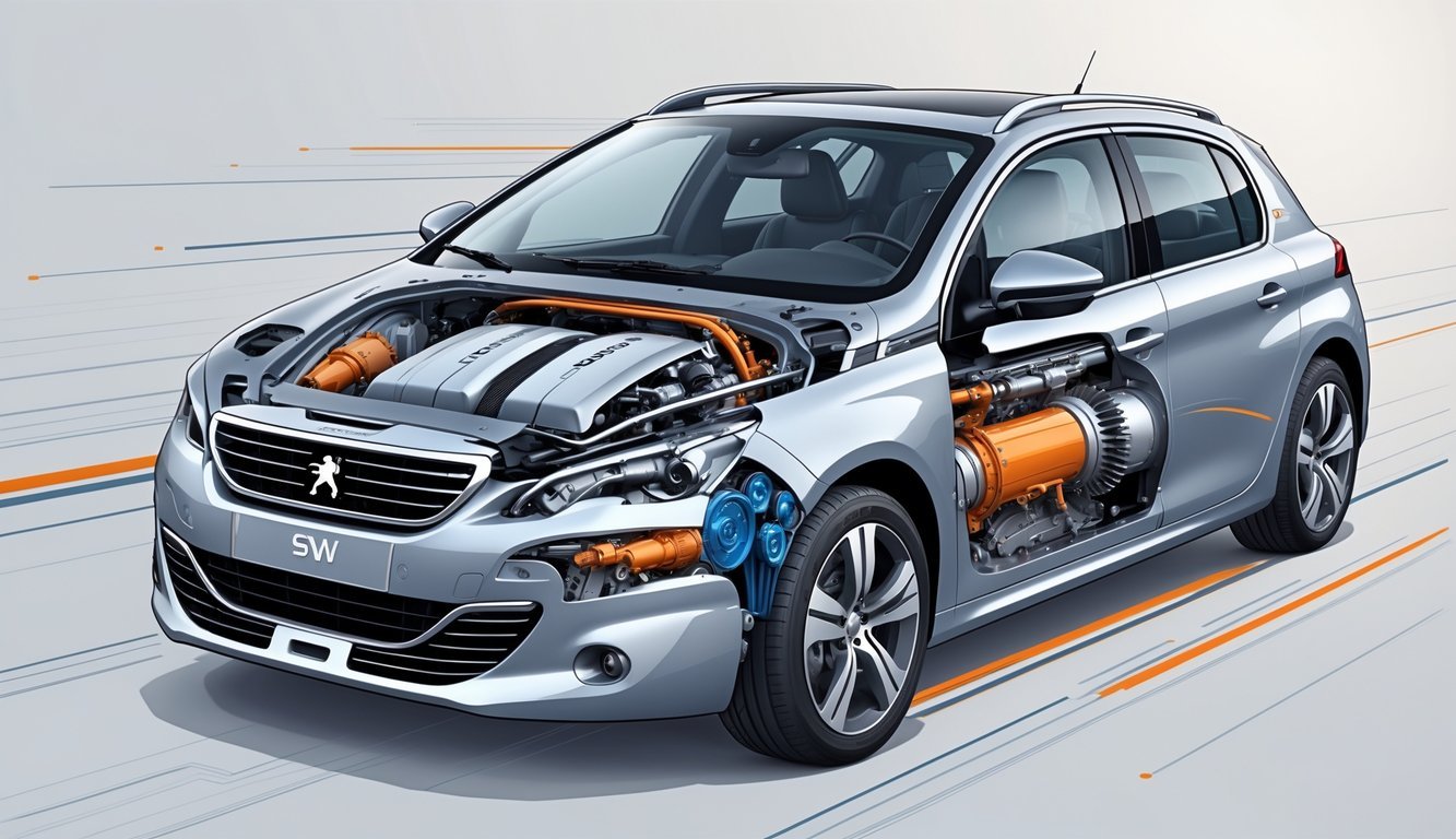 Prikaz presjeka automobila Peugeot 308 SW koji pokazuje motor, mjenjač i dijelove za performanse vozila.