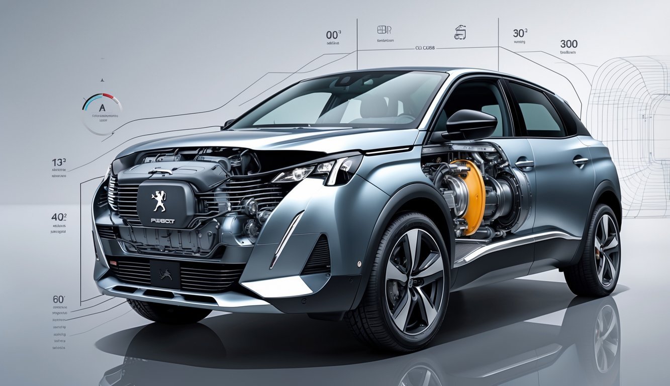 Prikaz motora, performansi i mjenjača automobila Peugeot 3008 s otvorenim pregledom mehaničkih dijelova.