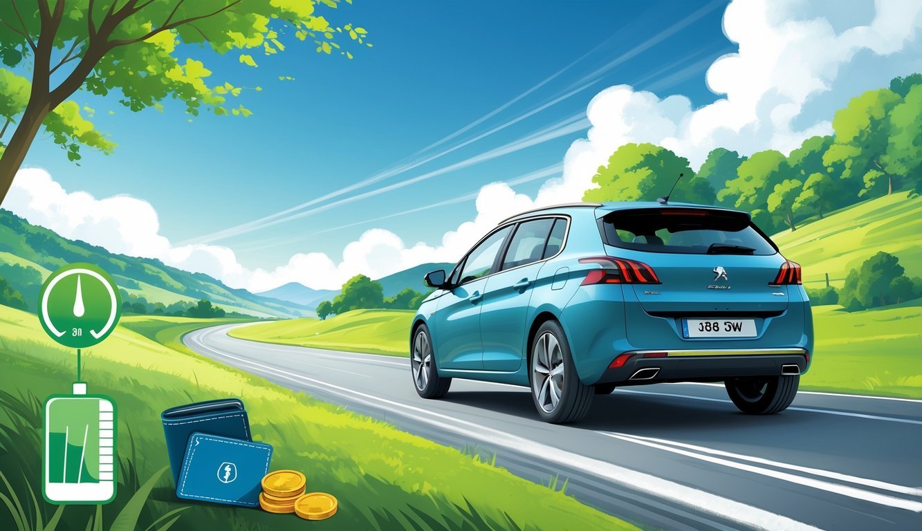 Peugeot 308 SW vozi cestom okruženom zelenilom i brežuljcima, uz prikaze simbola za potrošnju goriva i troškove vožnje.