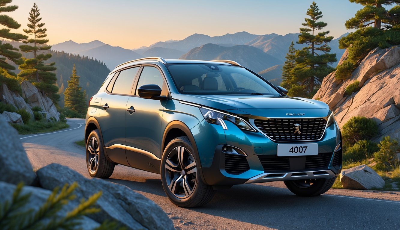 Peugeot 4007 parkiran na planinskoj cesti okružen zelenim borovima i stijenama pod vedrim nebom.