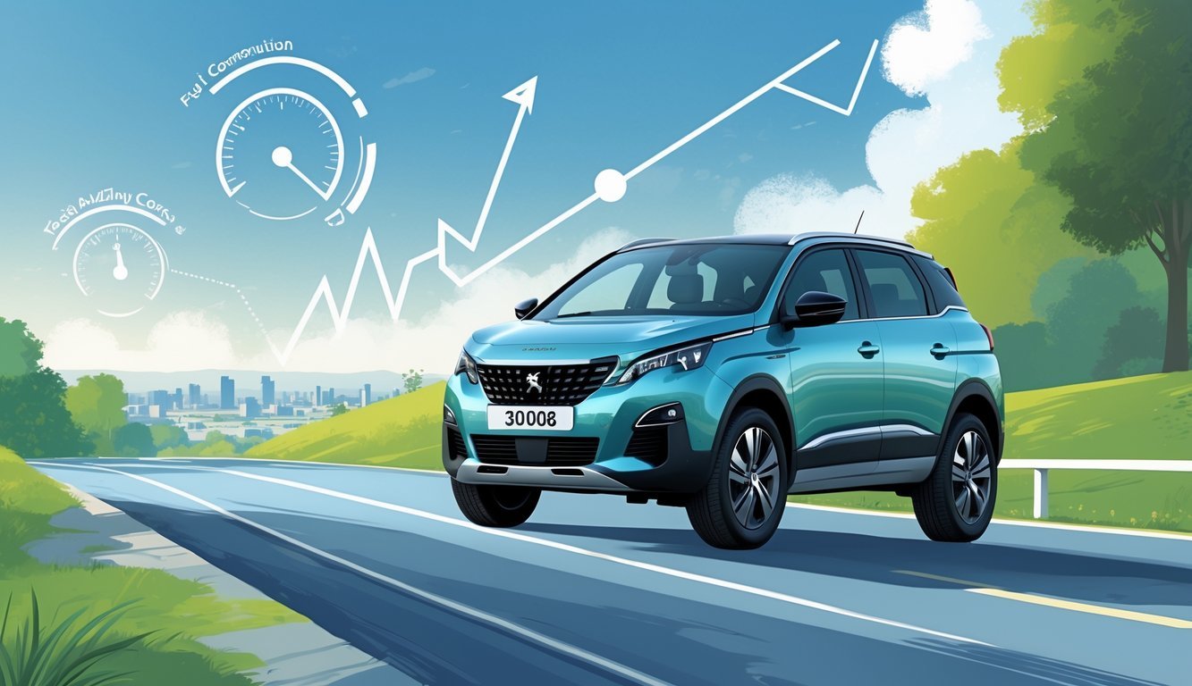 Peugeot 3008 na cesti s grafičkim prikazima potrošnje goriva i troškova vožnje u pozadini.
