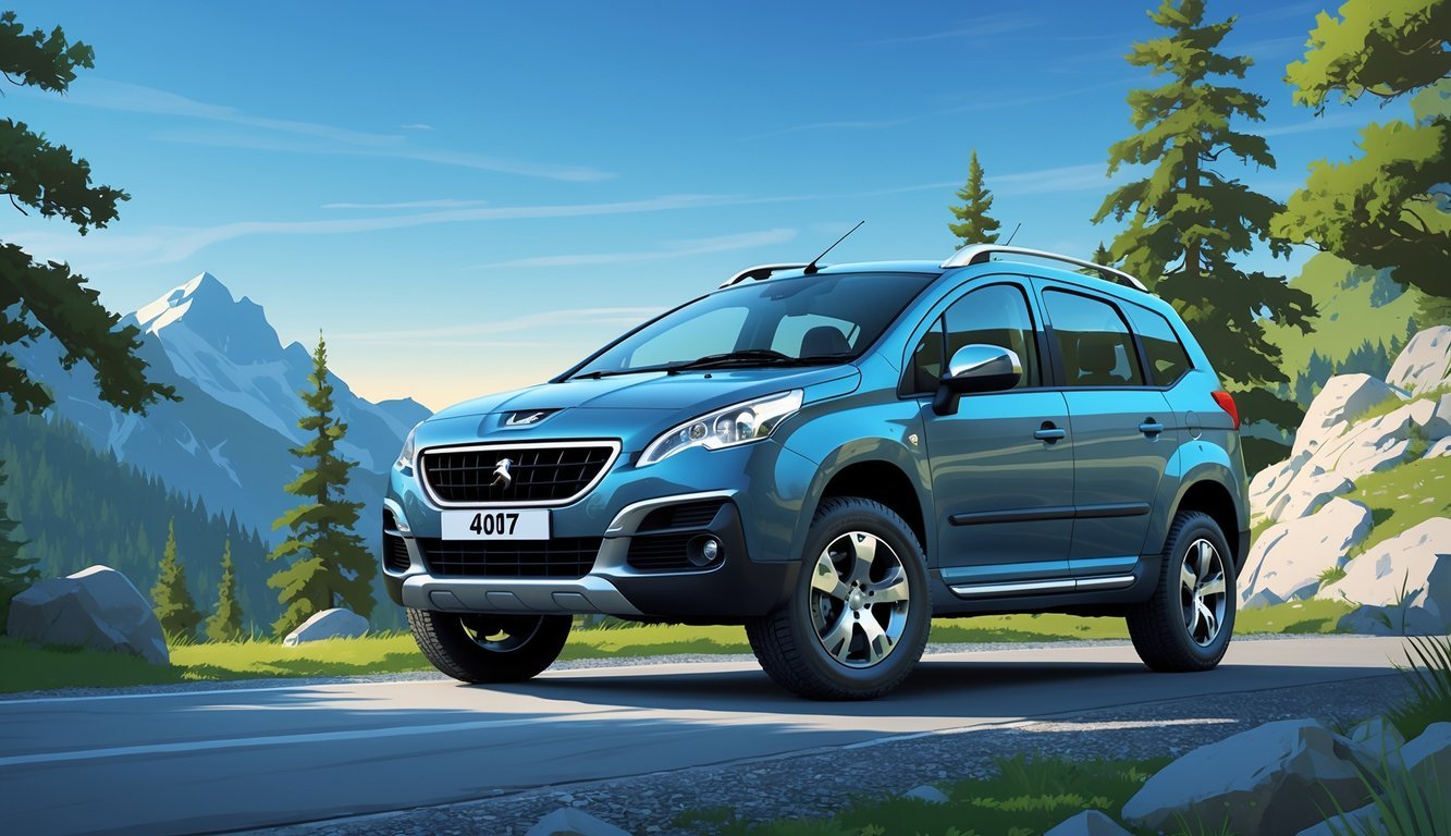Peugeot 4007 SUV parkiran na planinskoj cesti okruženoj zelenim borovima i planinskim vrhovima u daljini.
