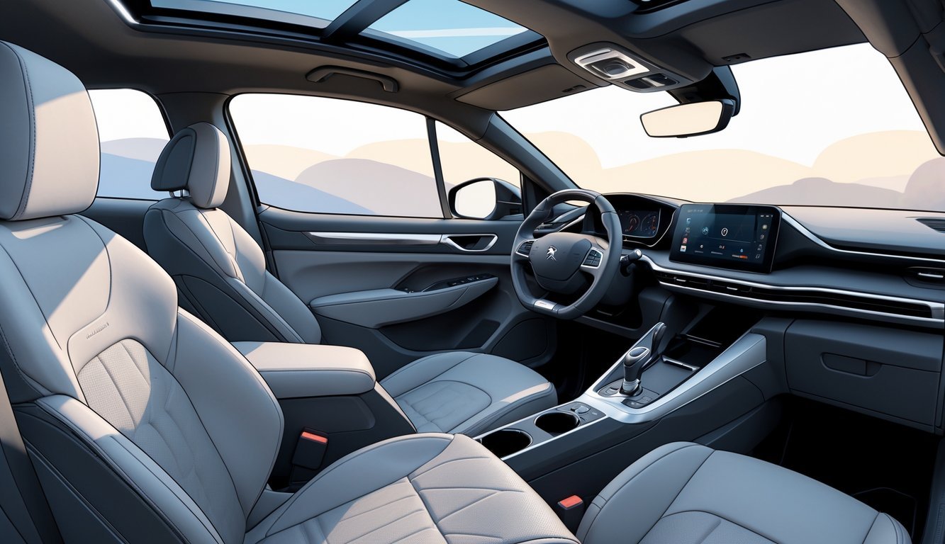 Unutrašnjost automobila Peugeot 3008 s udobnim sjedalima, prostranim prostorom i praktičnim spremištima.