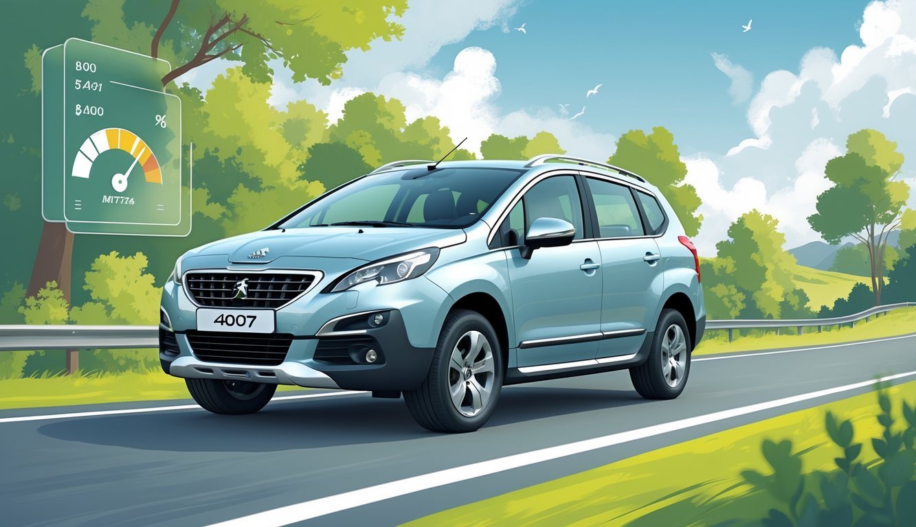 Peugeot 4007 SUV vozi cestom okružen prirodom s ikonama koje prikazuju potrošnju goriva i troškove vožnje.