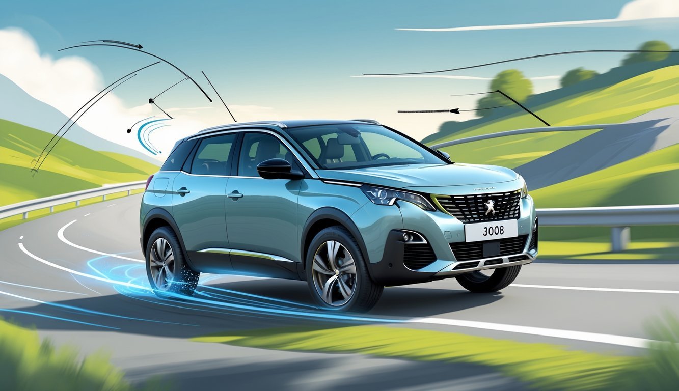 Peugeot 3008 na vijugavoj cesti s vidljivim dijelovima ovjesa i prikazom stabilne vožnje preko neravnina.
