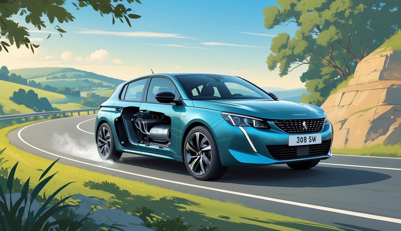 Peugeot 308 SW na zavojitoj cesti s vidljivim dijelom ovjesa i vozačem u vožnji.