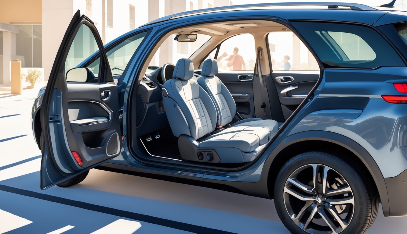 Peugeot 4007 s otvorenim vratima prikazuje prostran i udoban unutarnji prostor automobila u urbanom okruženju.