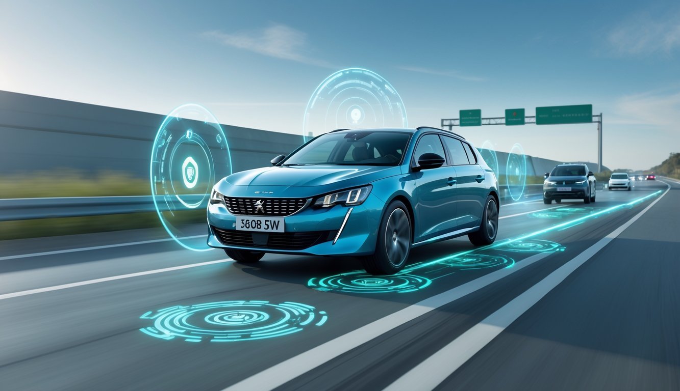 Peugeot 308 SW na cesti s prikazom sigurnosnih i pomoćnih sustava vozaču.