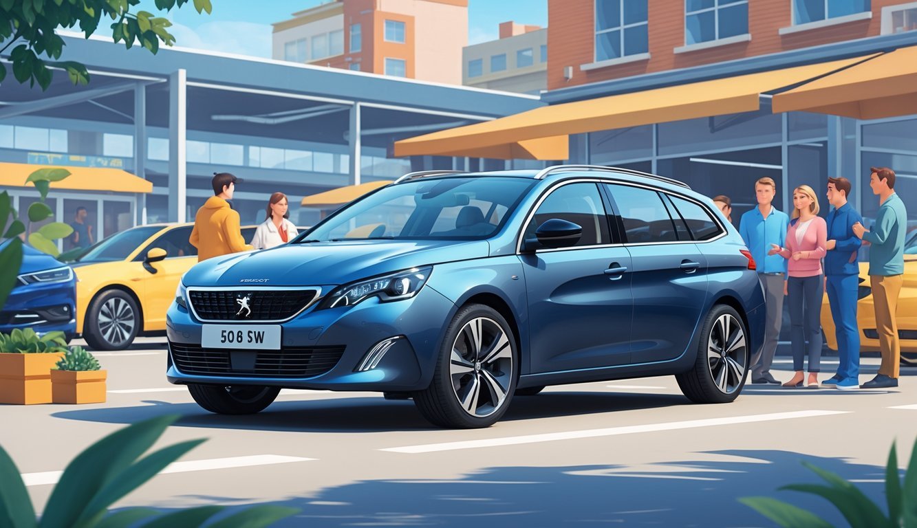 Peugeot 308 SW parkiran u gradskom okruženju s ljudima koji pregledavaju automobil i razgovaraju o njemu.