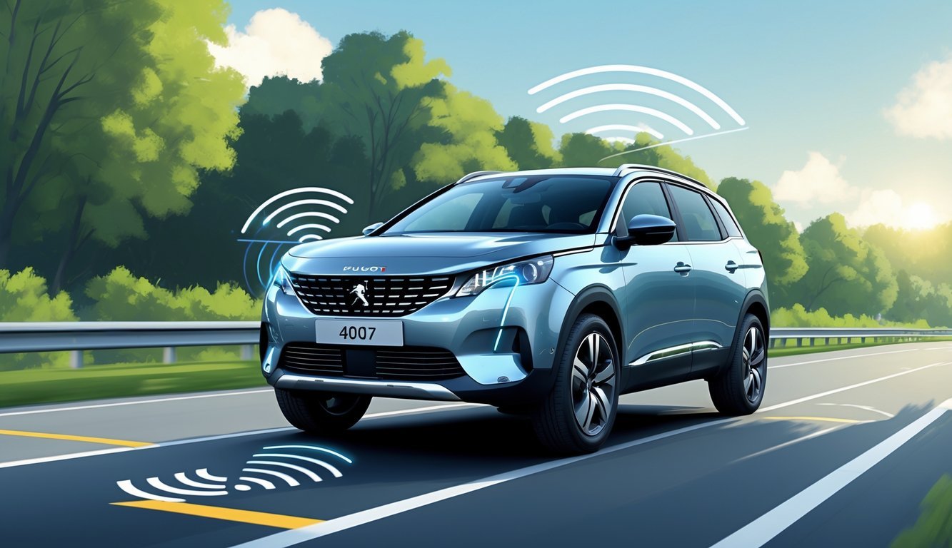Peugeot 4007 na autocesti okružen zelenilom s prikazom sigurnosnih i pomoćnih sustava vozaču.