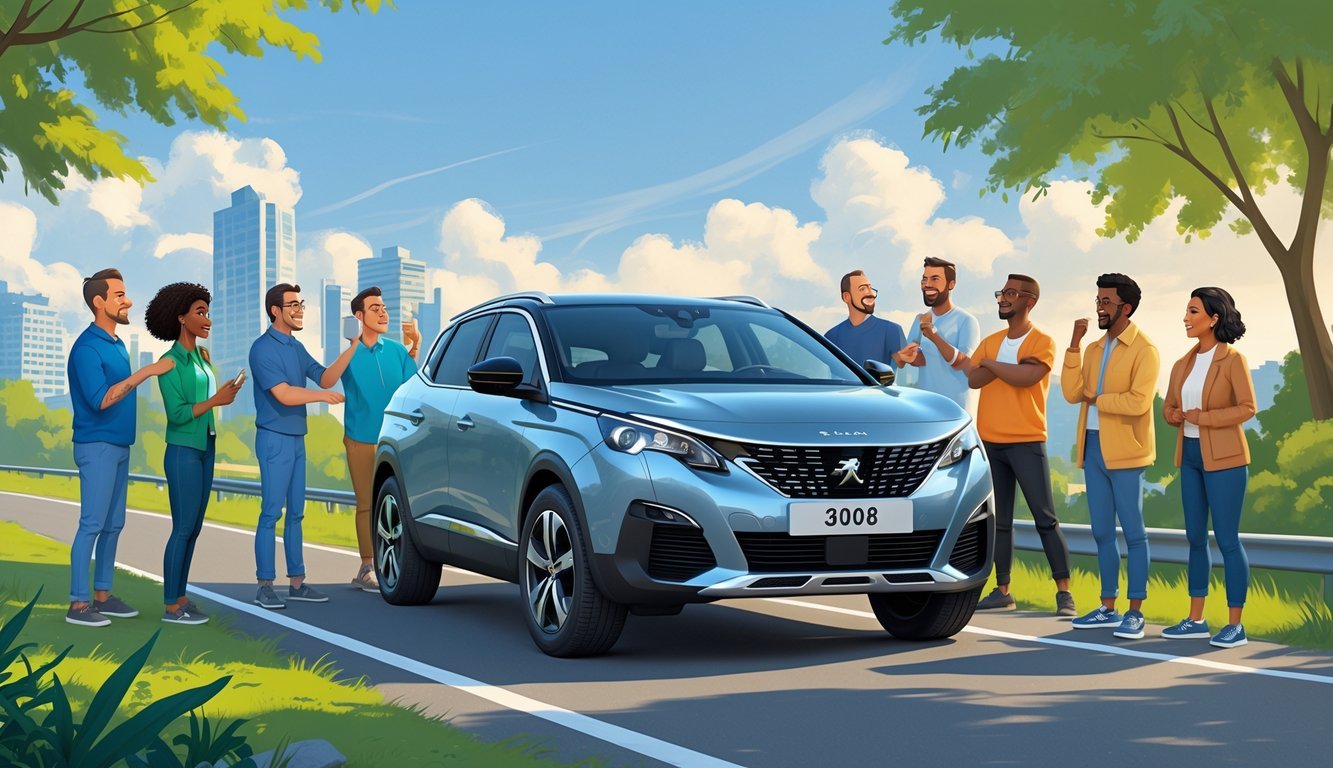 Grupa ljudi okupljenih oko parkiranog Peugeota 3008 na cesti, razgovaraju i dijele svoja iskustva o vozilu.