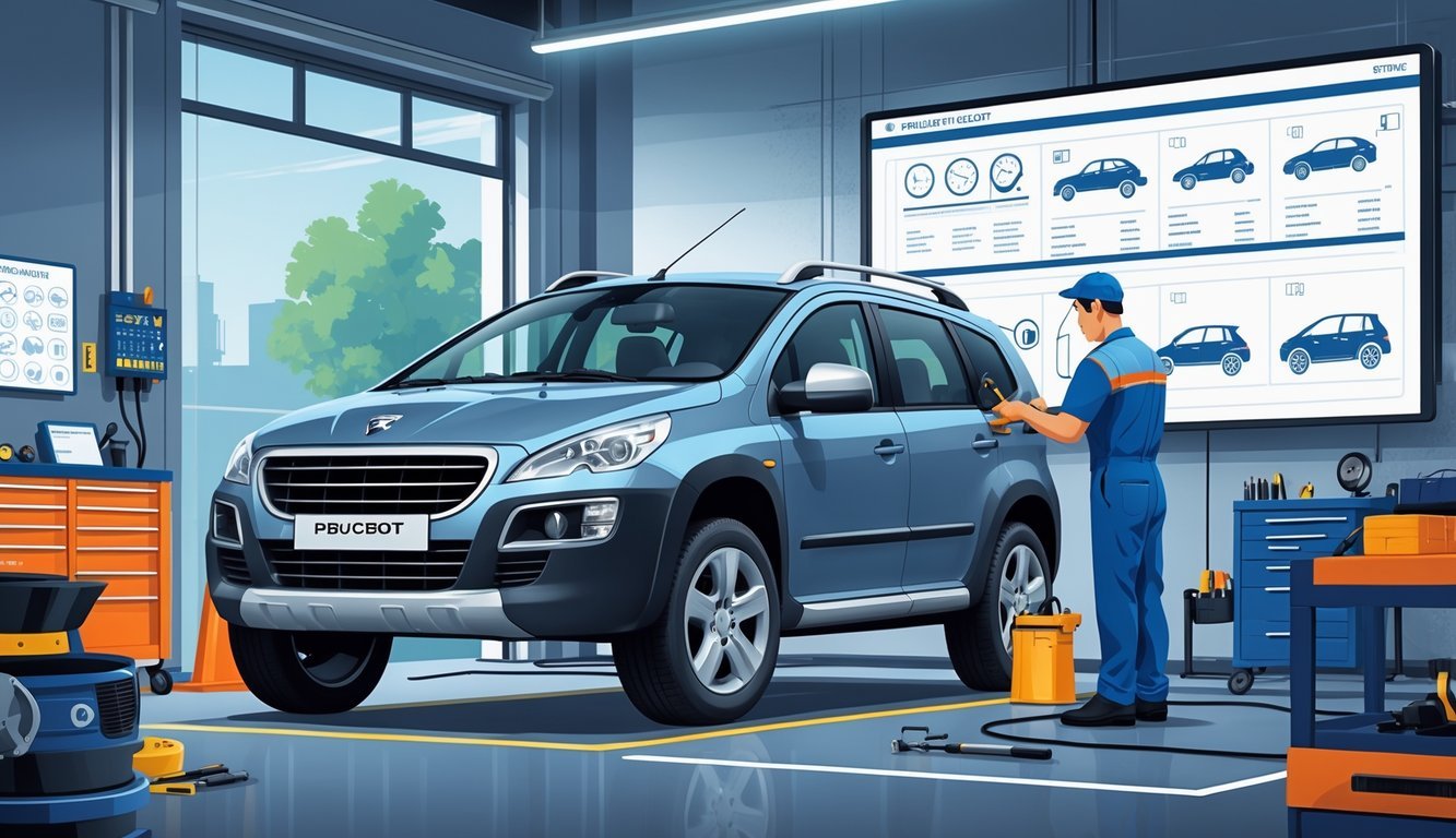 Peugeot 4007 u radionici dok mehaničar pregledava motor, s prikazom alata i dijagnostičke opreme u pozadini.