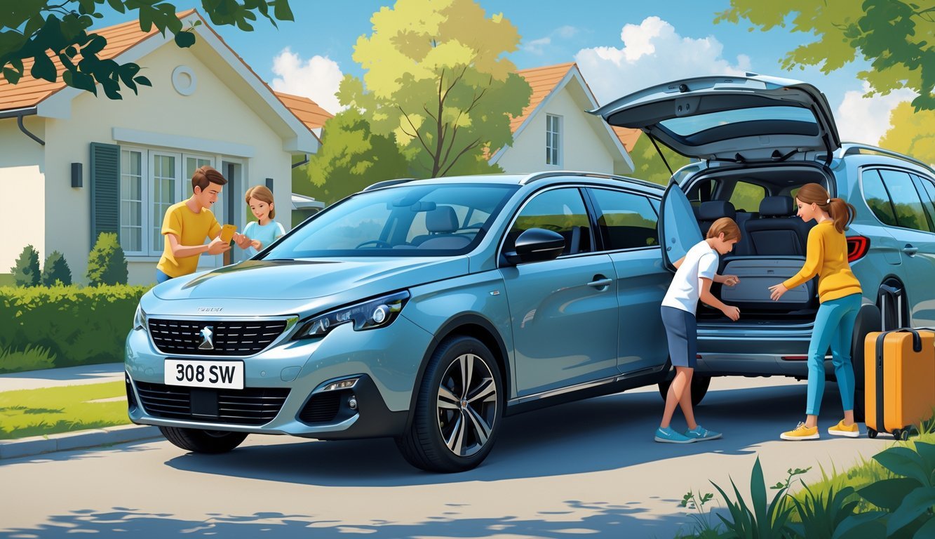 Peugeot 308 SW parkiran na ulici s obitelji koja gleda unutrašnjost i utovaruje prtljagu.