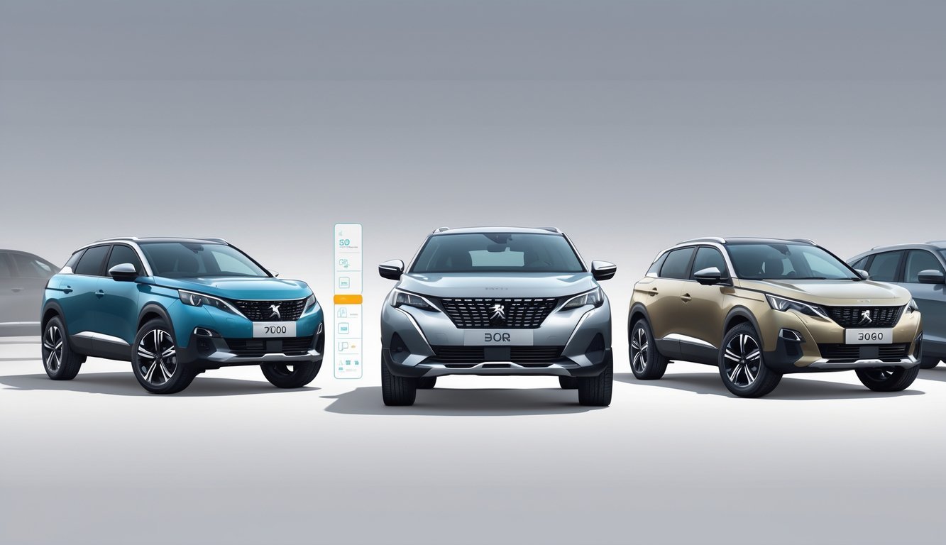 Tri suv vozila postavljena jedno do drugog radi usporedbe, s Peugeotom 3008 u sredini i dva druga modela sa strane.