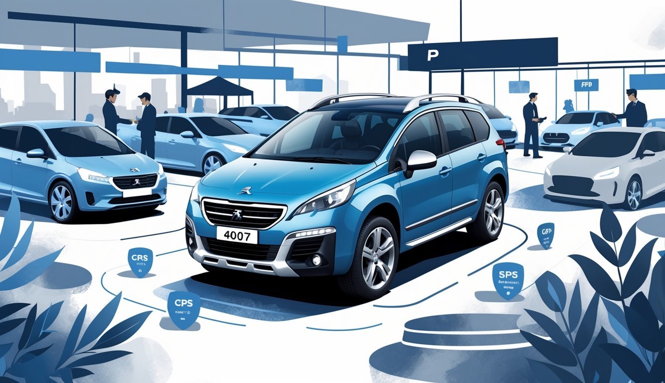 Prikaz rabljenog Peugeot 4007 automobila okruženog simbolima opreme i oznakama cijena na tržištu vozila.