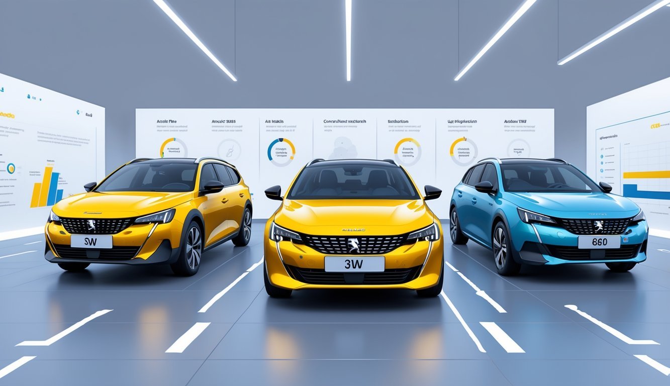 Tri moderna karavana parkirana jedan do drugog u izložbenom prostoru, s naglaskom na središnji automobil.