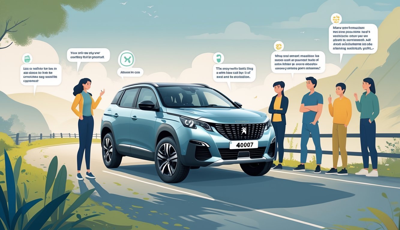 Prikaz automobila Peugeot 4007 na cesti s nekoliko ljudi koji razgovaraju i razmjenjuju iskustva o vozilu.