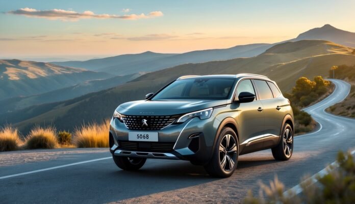 Peugeot 5008 parkiran na planinskom putu s pogledom na brežuljke i vedro nebo.