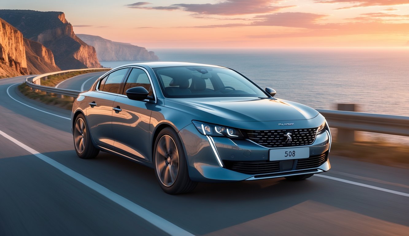 Peugeot 508 na obalnoj cesti tijekom zalaska sunca s morem i stijenama u pozadini.