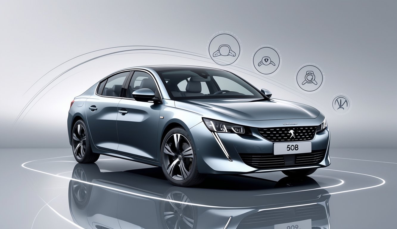 Prikaz modernog automobila Peugeot 508 na neutralnoj pozadini s naglaskom na njegov elegantan dizajn i tehnologiju.