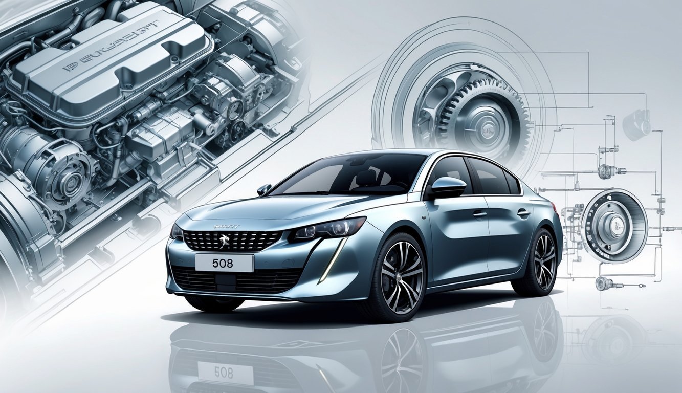 Automobil Peugeot 508 s prikazom motora i mjenjača u tehničkim dijagramima.