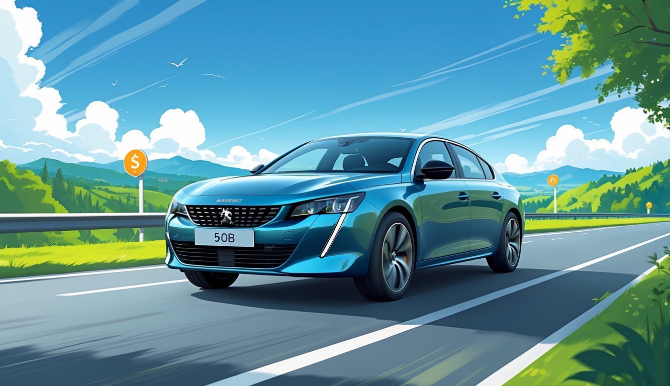 Peugeot 508 automobil vozi cestom okružen zelenim krajolikom i planinama u daljini.