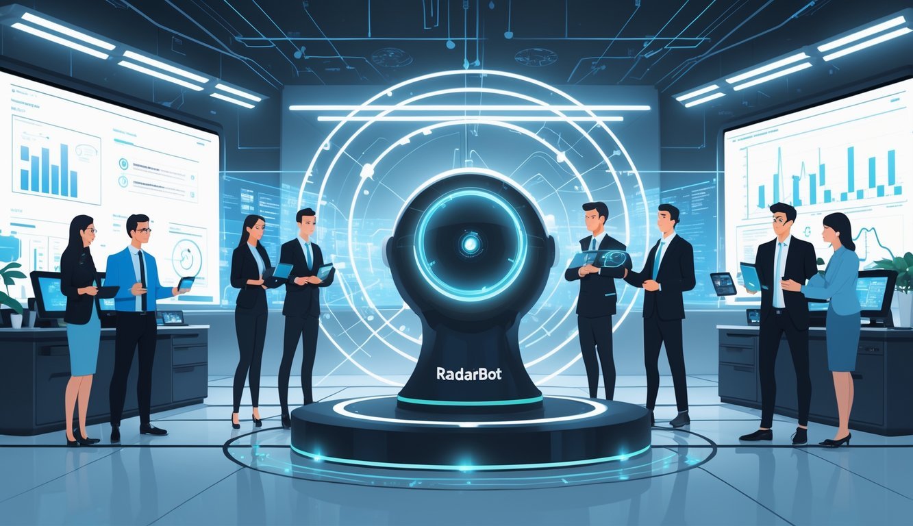 Ilustracija modernog radarskog uređaja koji emitira digitalne signale, okružen različitim ljudima koji koriste tehnologiju u visoko tehnološkoj kontrolnoj sobi.