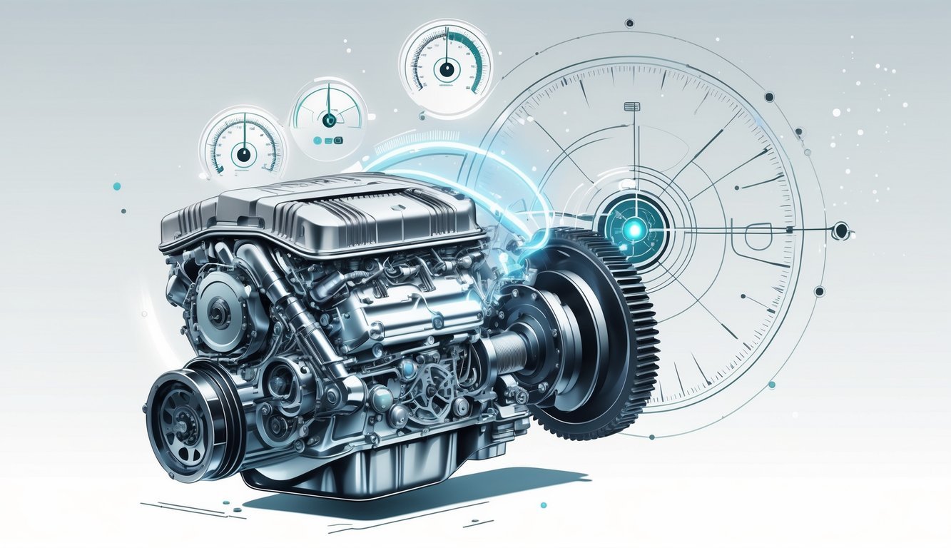 Ilustracija prikazuje motor automobila, sustav mjenjača i radarski uređaj s robotskim senzorima.