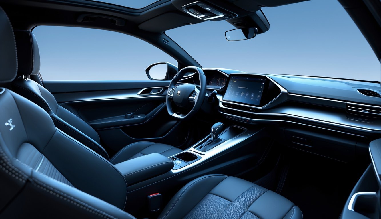 Unutrašnjost automobila Peugeot 5008 s prikazom upravljačke ploče, zaslona za infotainment i kvalitetnih sjedala.