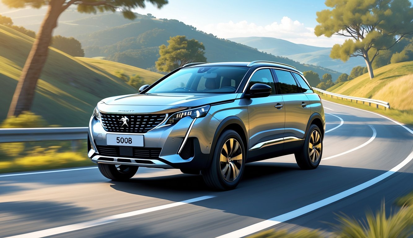 Peugeot 5008 vozi se cestom kroz prirodni krajolik s brežuljcima i drvećem, prikazujući stabilnost i udobnost vožnje.