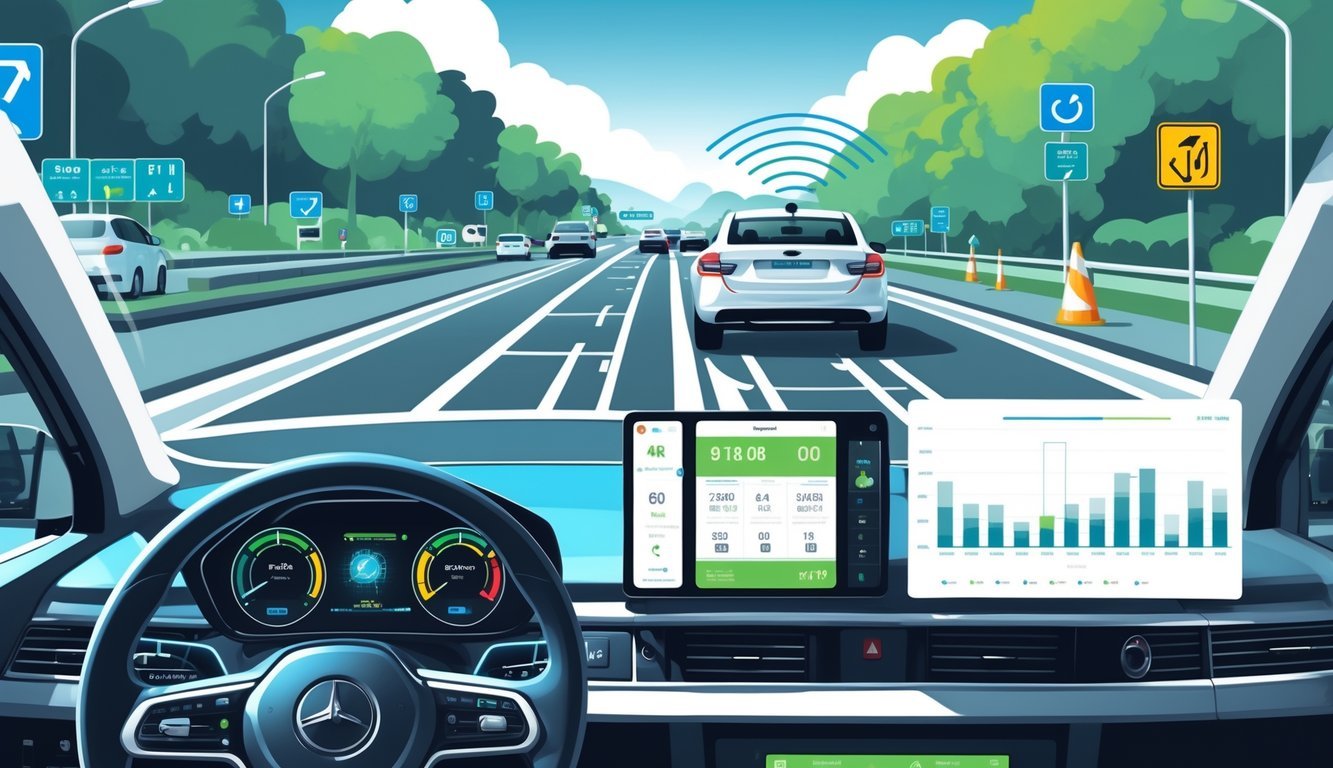 Prikaz vozačkog kokpita s digitalnim mjeračima goriva i troškova, radar uređaj koji skenira cestu te cesta s prometnim znakovima i vozilima u pozadini.