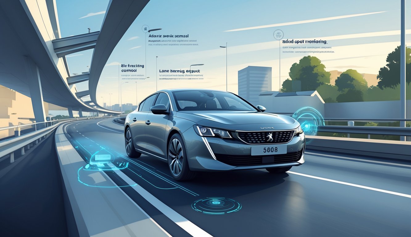Peugeot 508 na cesti s prikazom sigurnosnih i pomoćnih sustava vozaču.