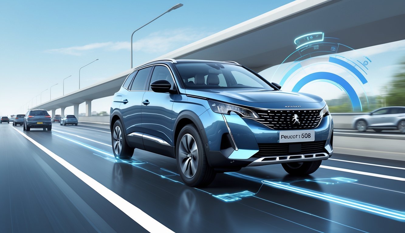Peugeot 5008 automobil na cesti s prikazom sigurnosnih i pomoćnih sustava vozaču.
