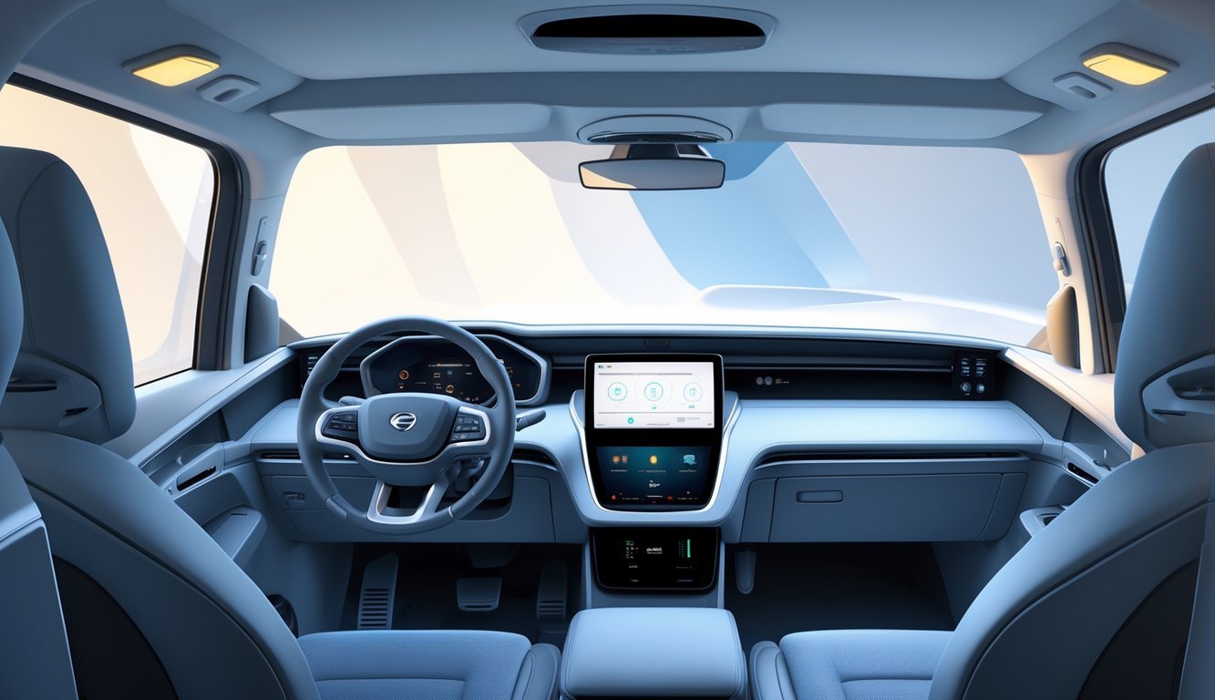 Unutrašnjost modernog vozila s udobnim sjedalima i naprednim radarskim sustavom na upravljačkoj ploči.