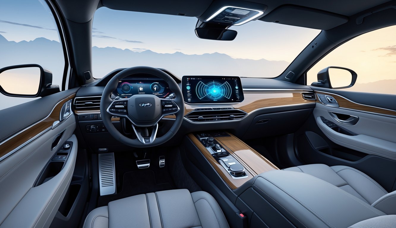 Unutrašnjost modernog vozila s kvalitetnim materijalima i naprednim infotainment sustavom koji prikazuje radarski zaslon.