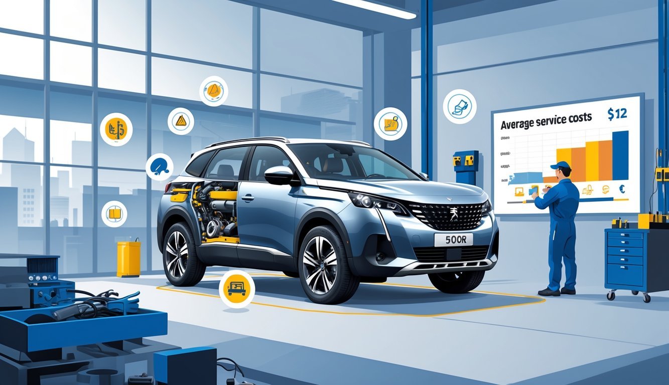 Prikaz automobila Peugeot 5008 s prikazom dijelova motora i mehaničkih komponenti te mehaničar koji pregledava vozilo u radionici.