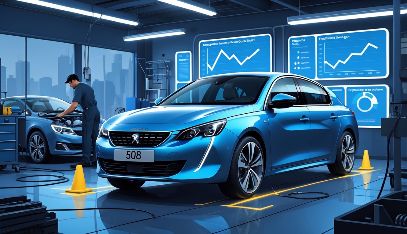 Peugeot 508 automobil u radionici, mehaničar pregledava vozilo, prikazani dijelovi motora i kočnica s naglaskom na uobičajene kvarove.