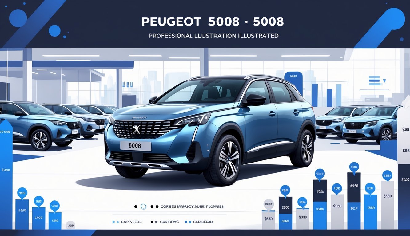 Prikaz nekoliko rabljenih Peugeot 5008 automobila na prodajnom mjestu s naglaskom na jedan automobil u sredini i grafičkim prikazima tržišta.