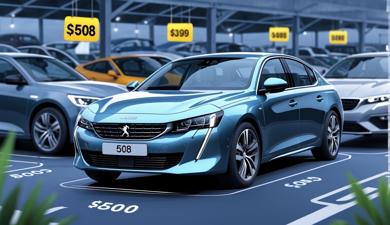 Prikaz automobila Peugeot 508 okružen simbolima opreme i tržišta rabljenih vozila.