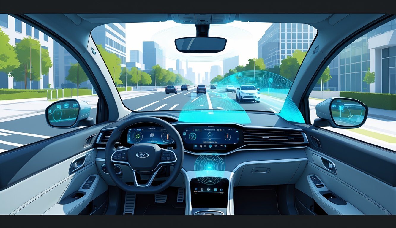 Automobil opremljen radarskim senzorima vozi gradskom cestom s drugim vozilima oko sebe, prikazujući sustave sigurnosti i pomoći vozaču.