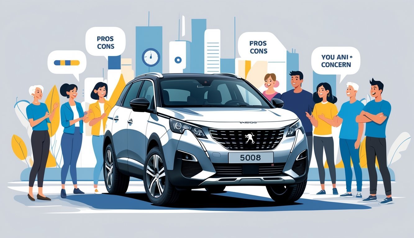 Skupina ljudi razgovara oko parkiranog Peugeot 5008 automobila u urbanom okruženju, prikazujući iskustva vlasnika s prednostima i manama.