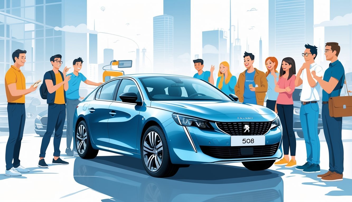 Grupa ljudi oko automobila Peugeot 508 u urbanom okruženju, neki su zadovoljni dok drugi razmišljaju o prednostima i manama vozila.