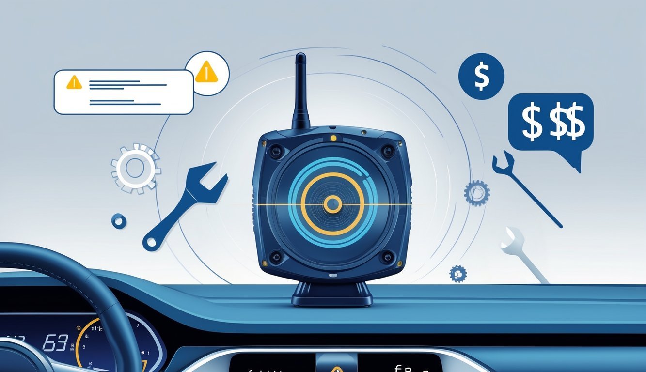 Prikaz modernog uređaja za detekciju radara na automobilskom instrument tabli s ikonama upozorenja, alatima za servis i simbolima cijena usluga.