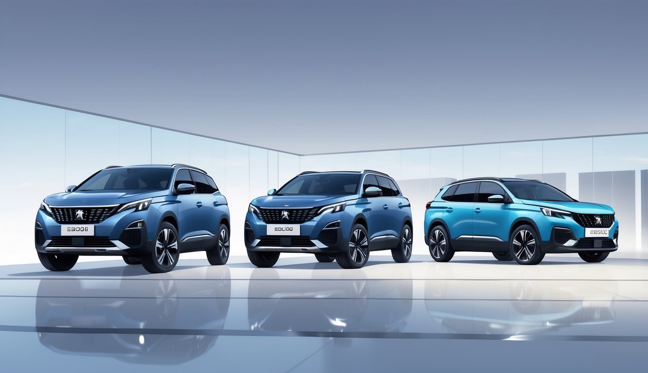Tri SUV vozila parkirana jedno do drugog u izložbenom prostoru, prikazujući usporedbu modela peugeot 5008 i njegovih konkurenata.