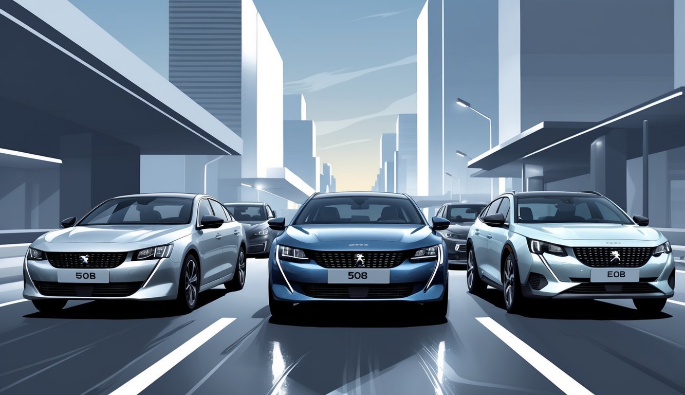 Tri moderna automobila parkirana jedan do drugog na gradskoj cesti, s naglaskom na srednji automobil.