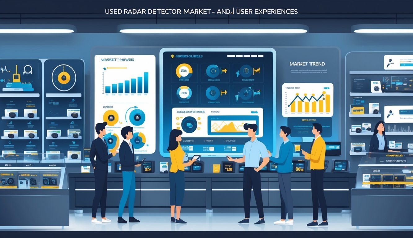 Unutrašnjost trgovine s elektronikom gdje ljudi pregledavaju rabljene radar detektore i razgovaraju s prodavačima, uz prikaz grafova i uređaja na policama.