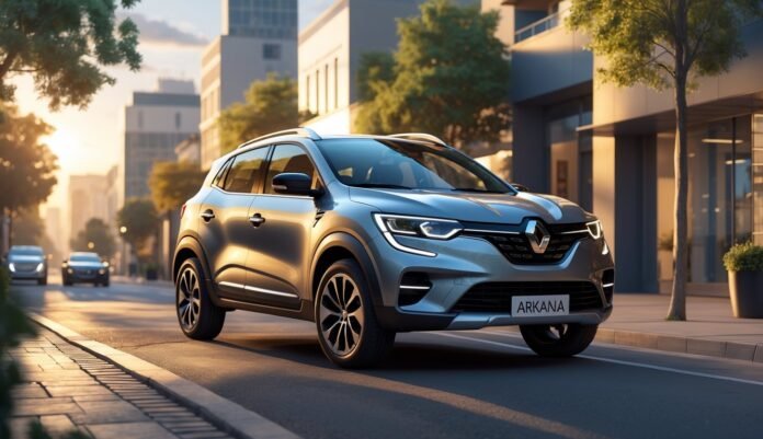 Renault Arkana parkiran na gradskom ulici s modernim zgradama u pozadini.
