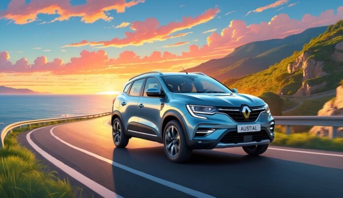 Renault Austral SUV vozi cestom uz obalu tijekom zalaska sunca s morem i zelenim brežuljcima u pozadini.